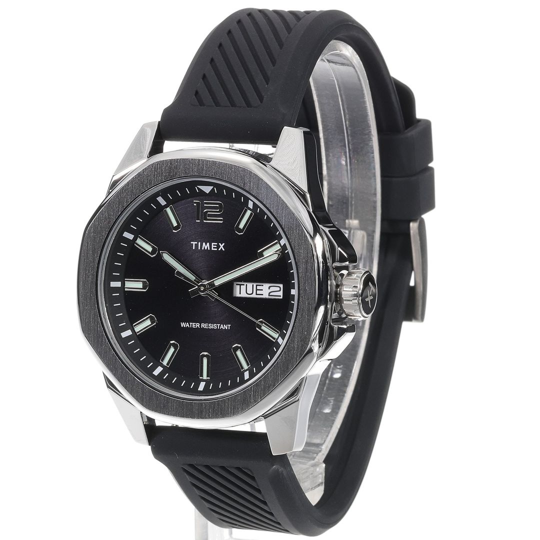 Zegarek męski Timex z czarną tarczą ze szlifem słonecznym, datownikiem oraz powłoką luminescencyjną na indeksach
