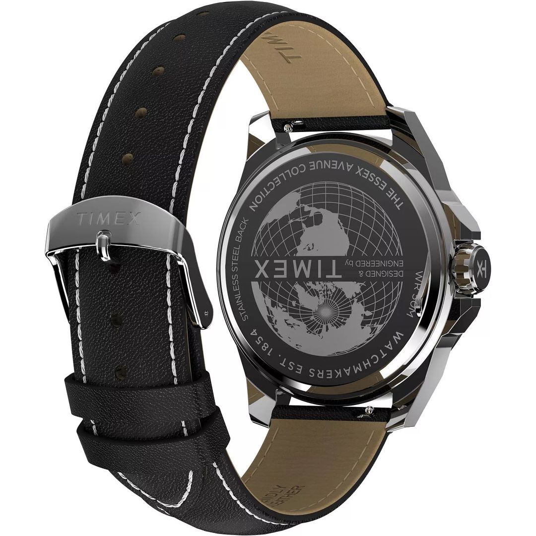 Zegarek Timex na czarnym, skórzanym pasku z detalem białej nici oraz zapięciem na sprzączkę