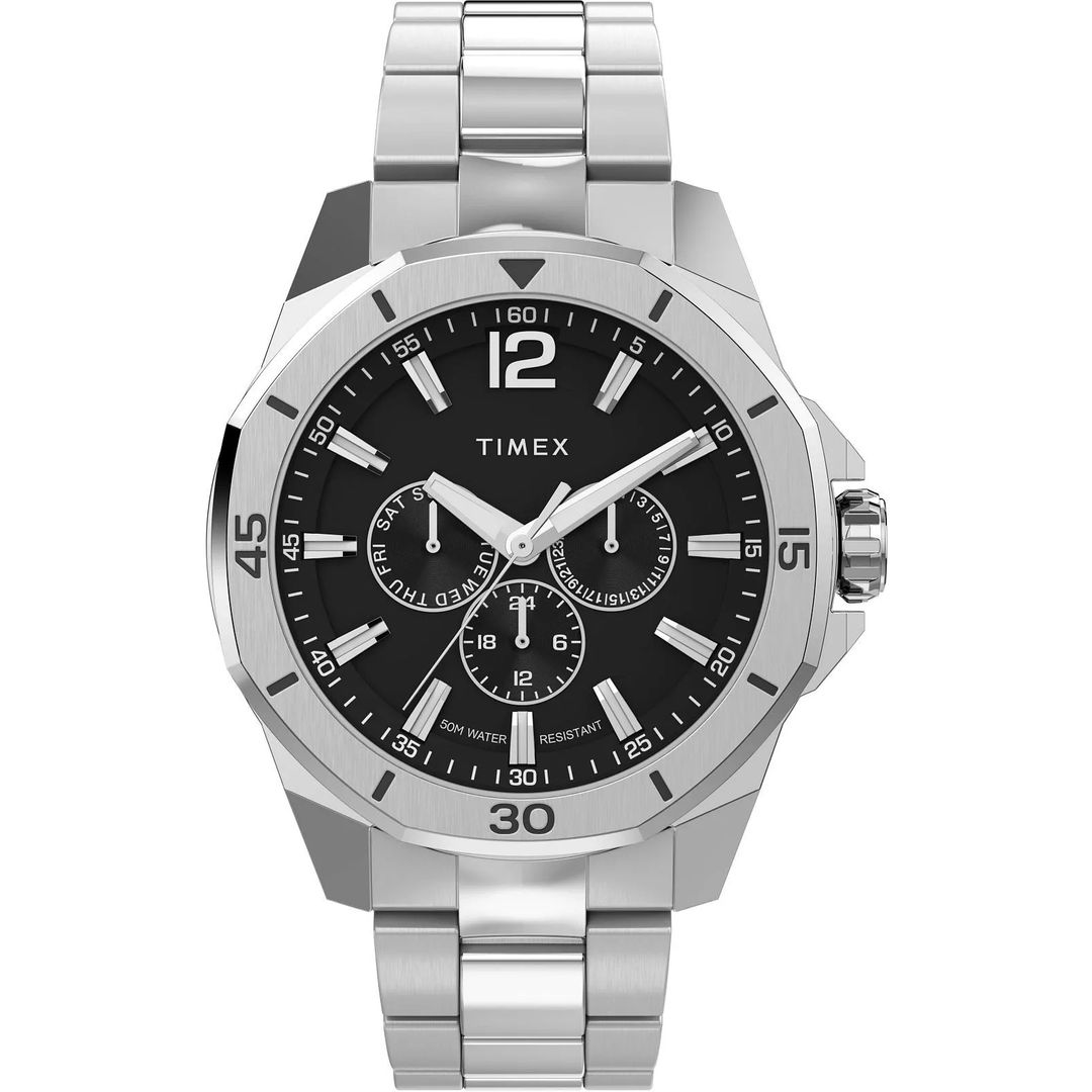 Zegarek Timex z czarną tarcza z subtarczami i powłoką luminescencyjną w masywnej kopercie ze stali 