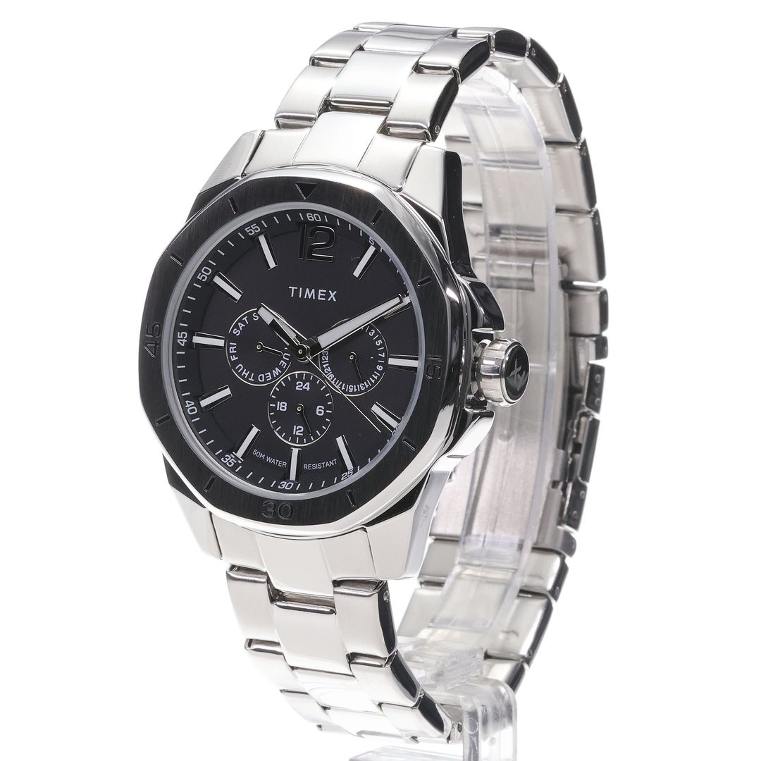 Zegarek męski Timex z czarną tarczą w stalowej, masywnej kopercie o geometrycznym kształcie