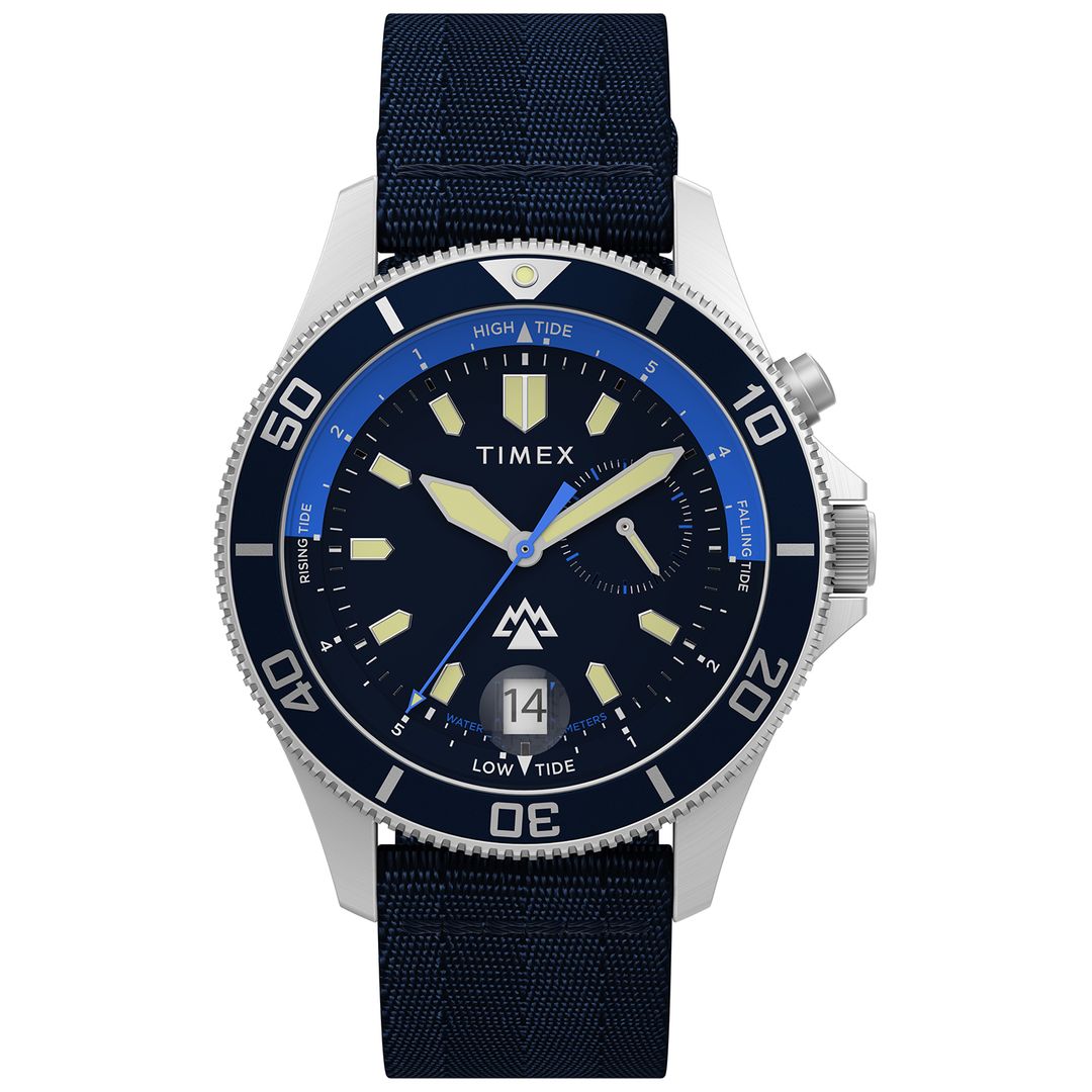 Zegarek Timex z granatową tarczą z datownikiem oraz indeksami i wskazówkami z powłoką luminescencyjną