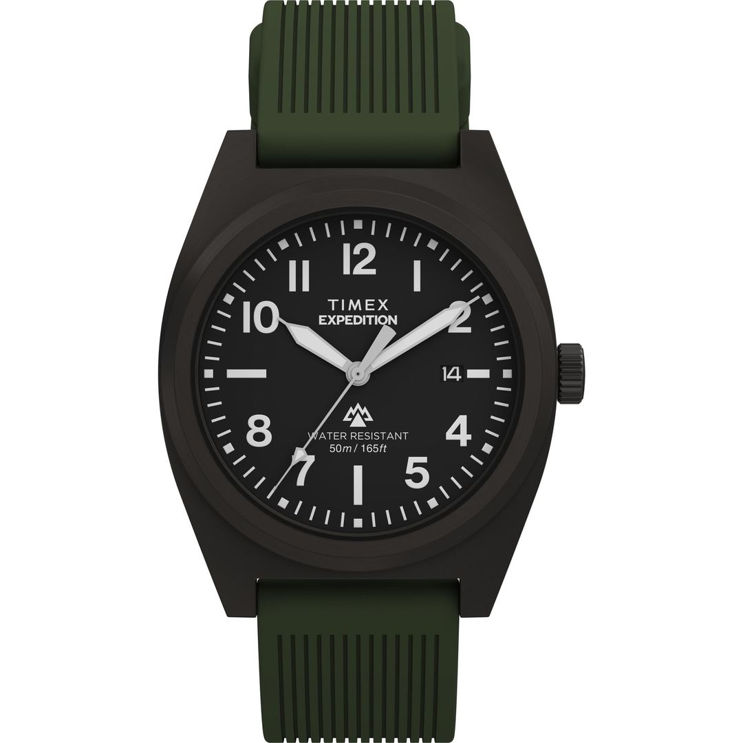 Zegarek Timex z czarną tarczą w ciemnej, masywnej kopercie na zielonym pasku