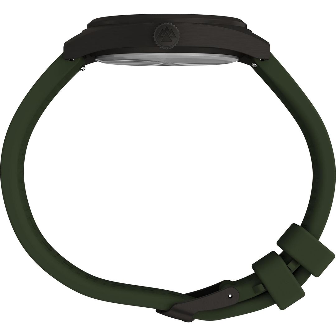Bok zegarka Timex z ciemną, szarą kopertą na zielonym pasku zapinanym na sprzączkę