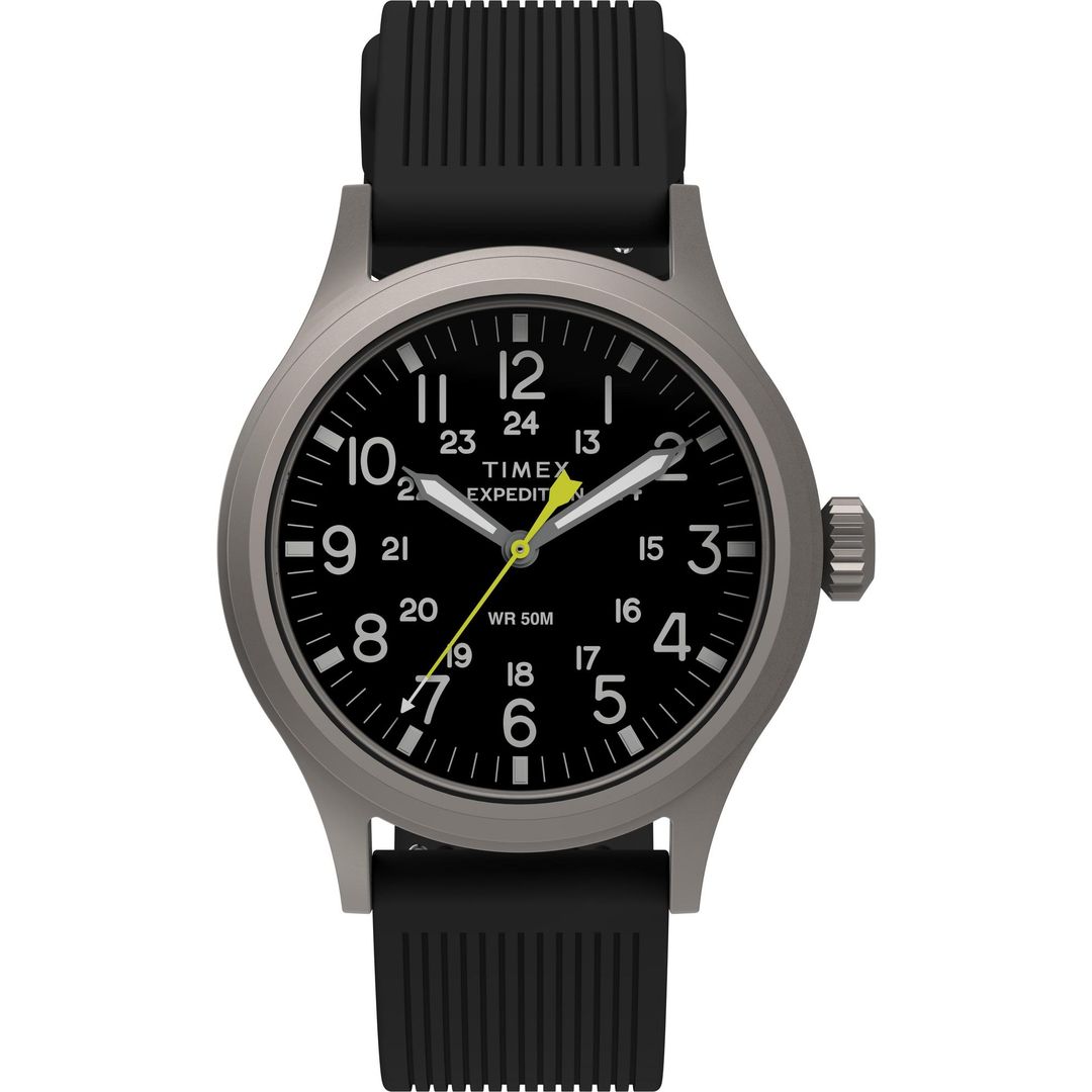 Zegarek Timex z czarną tarczą z indeksami arabskimi w srebrnej kopercie na czarnym pasku