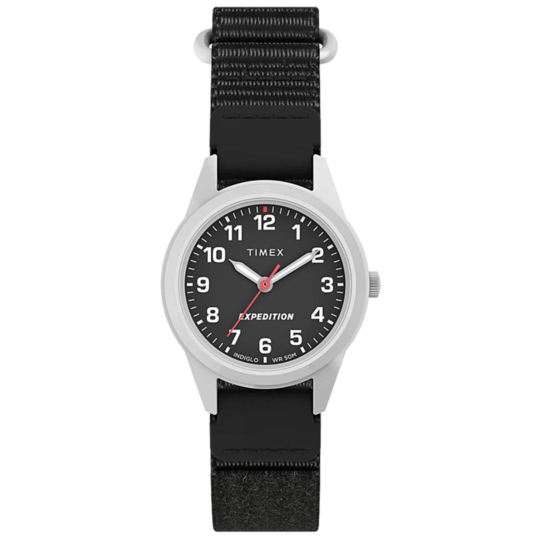 Zegarek Timex z czarną tarczą w okrągłej stalowej kopercie z paskiem mateiałowym