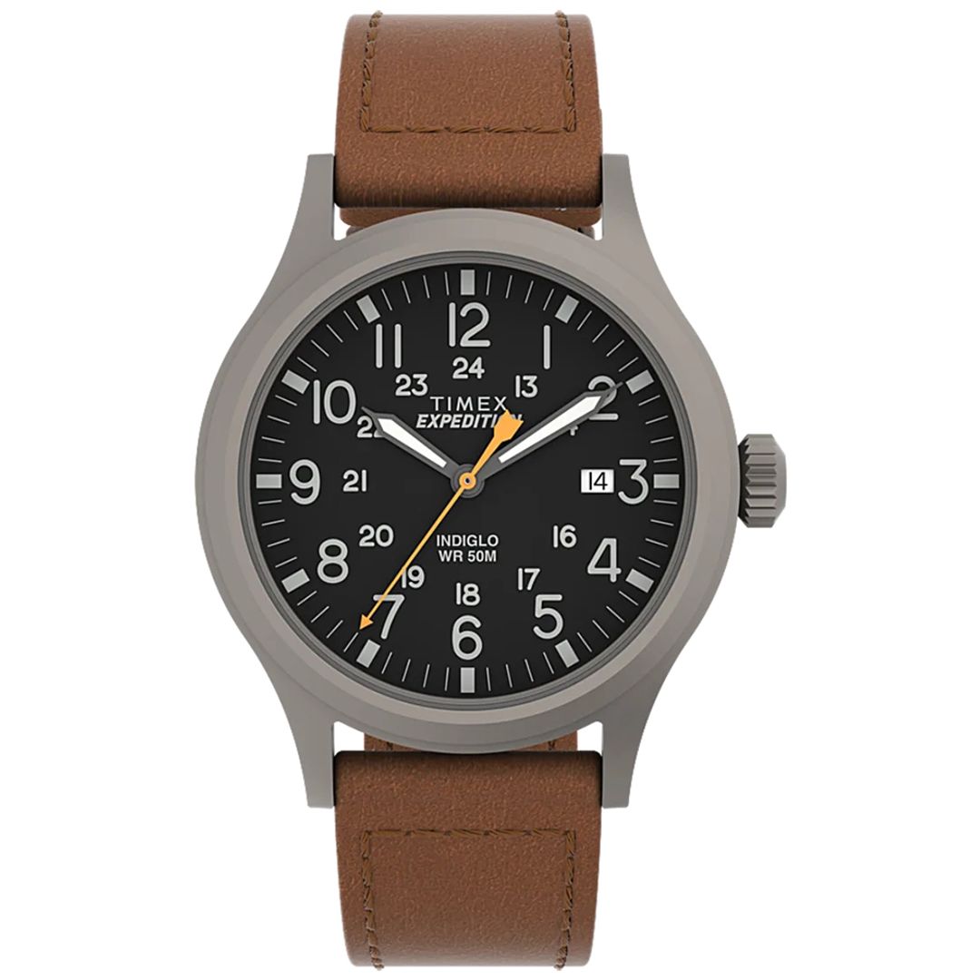 Tarcza zegarka Timex z cyframi arabskimi i pomarańczową wskazówką