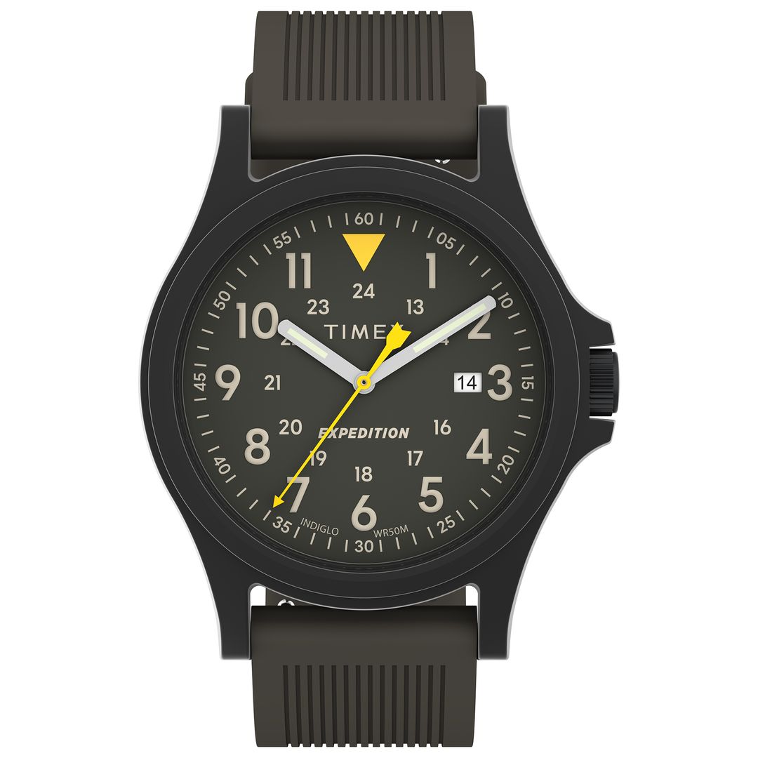 Zegarek marki Timex z ciemną tarczą i żółtymi dodatkami
