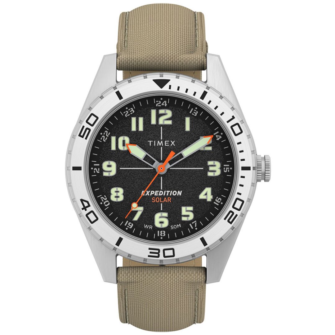 Koperta zegarka Timex z jasnej stali z ciemną tarczą z cyframi arabskimi
