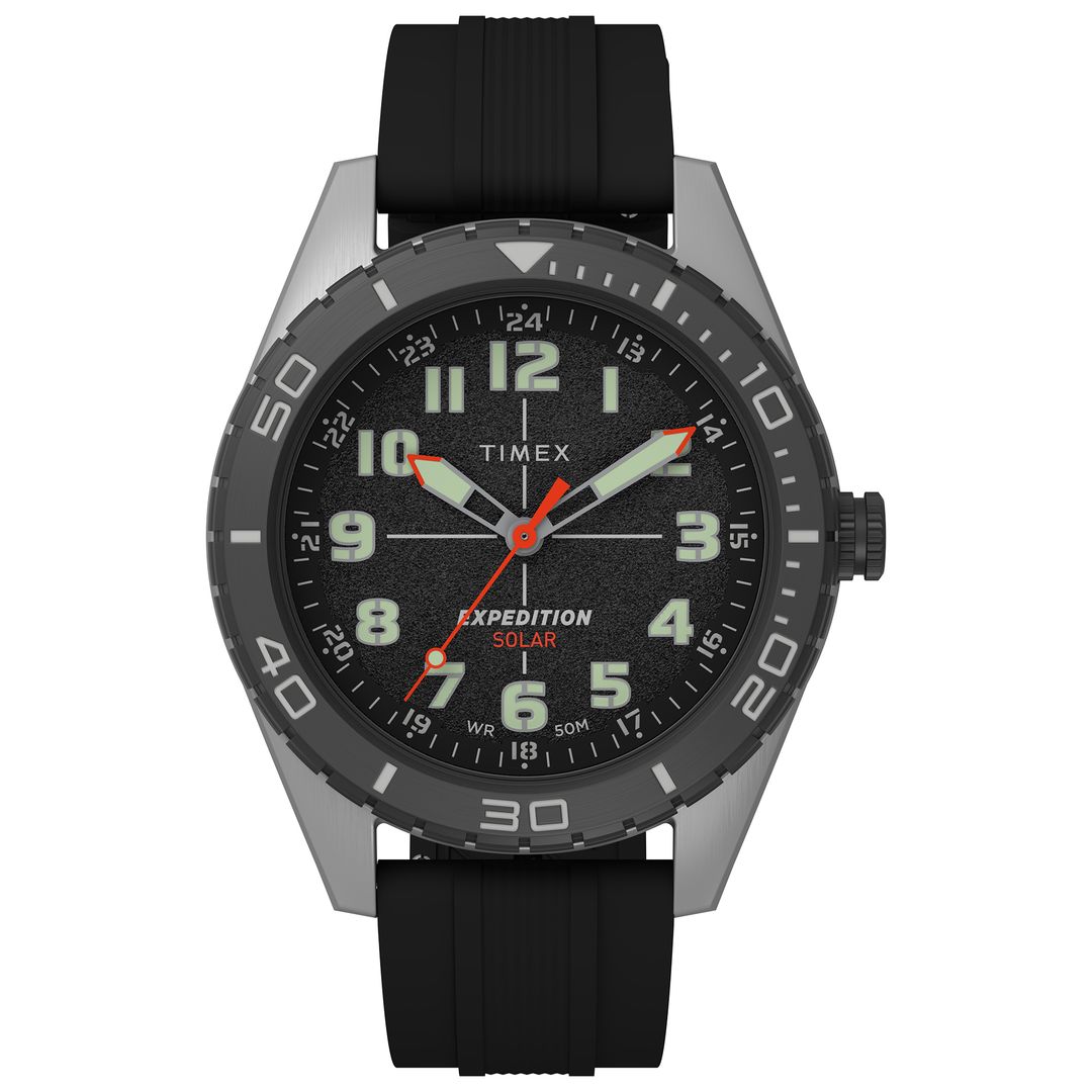 Zegarek marki Timex z czarną tarczą i cyframi arabskimi oraz pomarańczowymi detalami