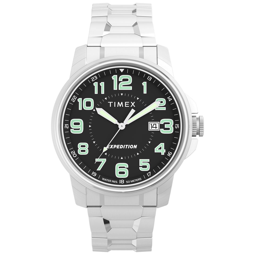 Zegarek Timex z czarną tarczą oraz niebieskimi indeksami z cyframi arabskimi