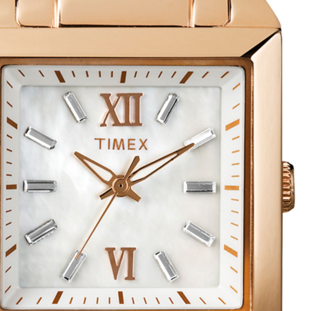 Zegarek Timex z tarczą z masy perłowej oraz kryształkami na indeksach i wskazówkami w kolorze różowego złota