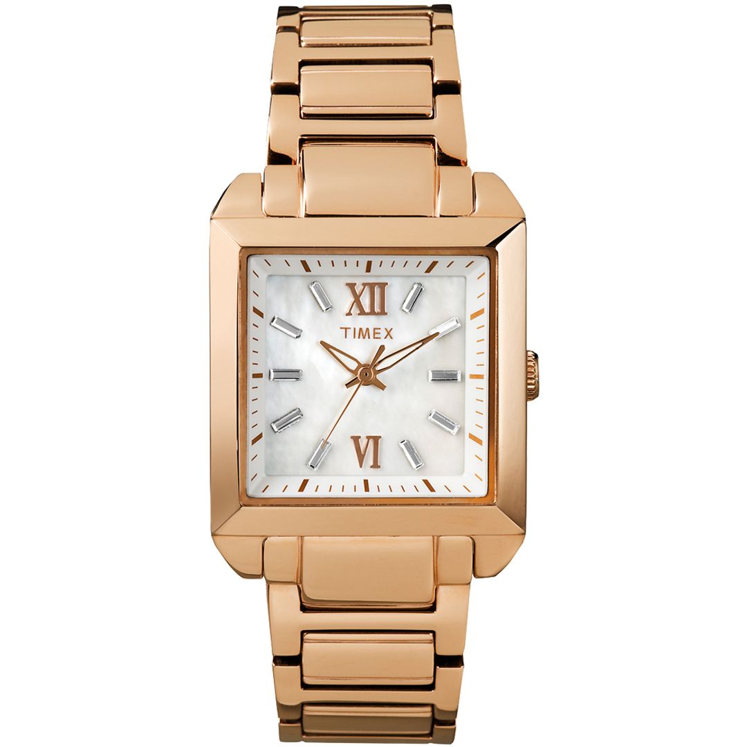 Zegarek Timex z prostokątną kopertą na bransoletce ze stali w kolorze różowego złota