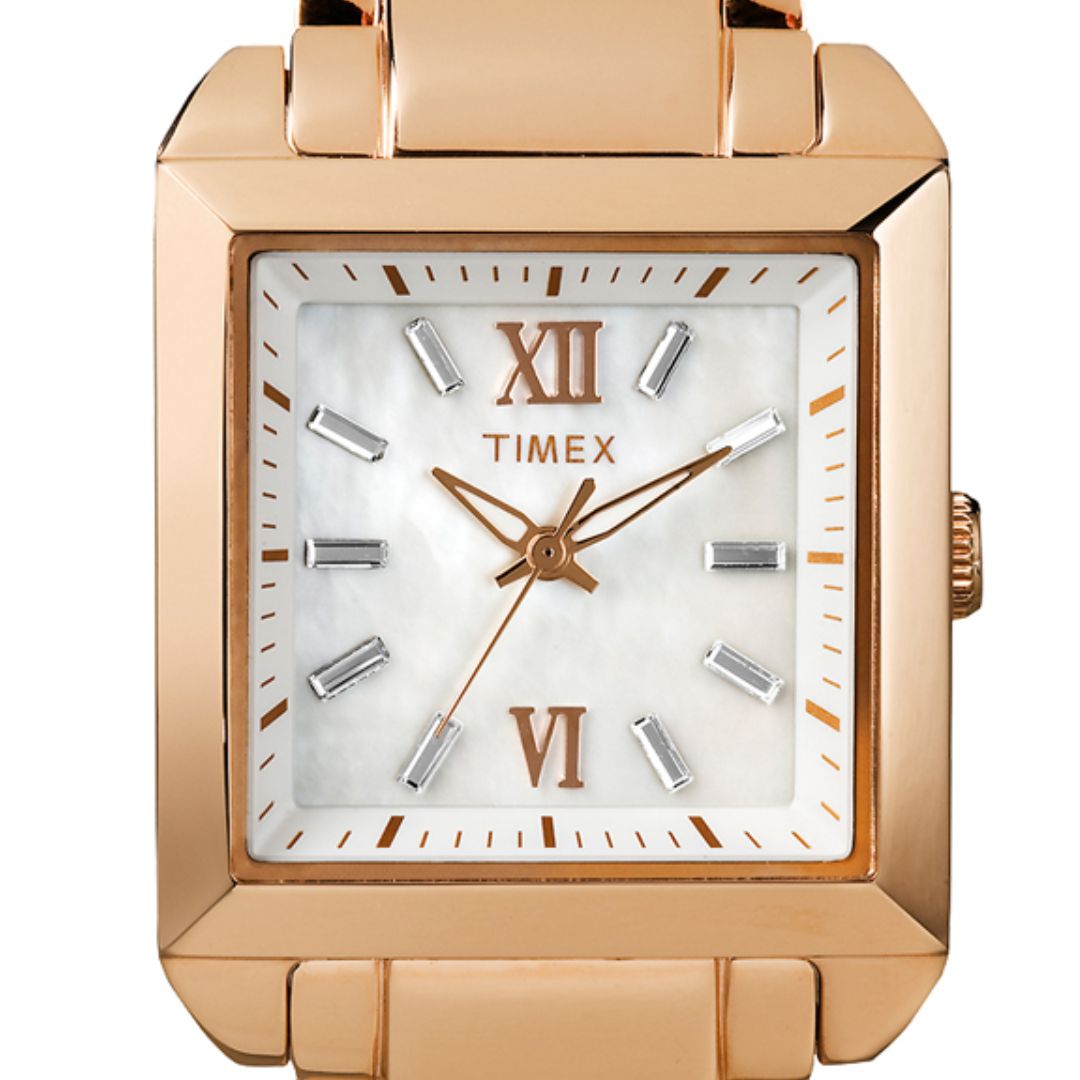 Zegarek Timex z perłową tarczą z kryształkami na indeksach w prostokątnej kopercie w odcieniu różowego złota