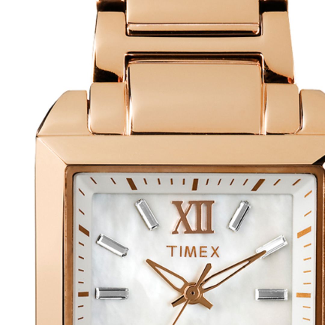 Zegarek Timex z prostokątną kopertą ze stali na stalowej bransoletce w odcieniu różowego złota