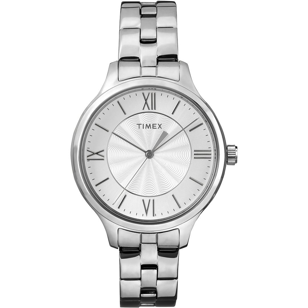 Zegarek damski Timex z okrągłą kopertą ze stali oraz stalową bransoletką