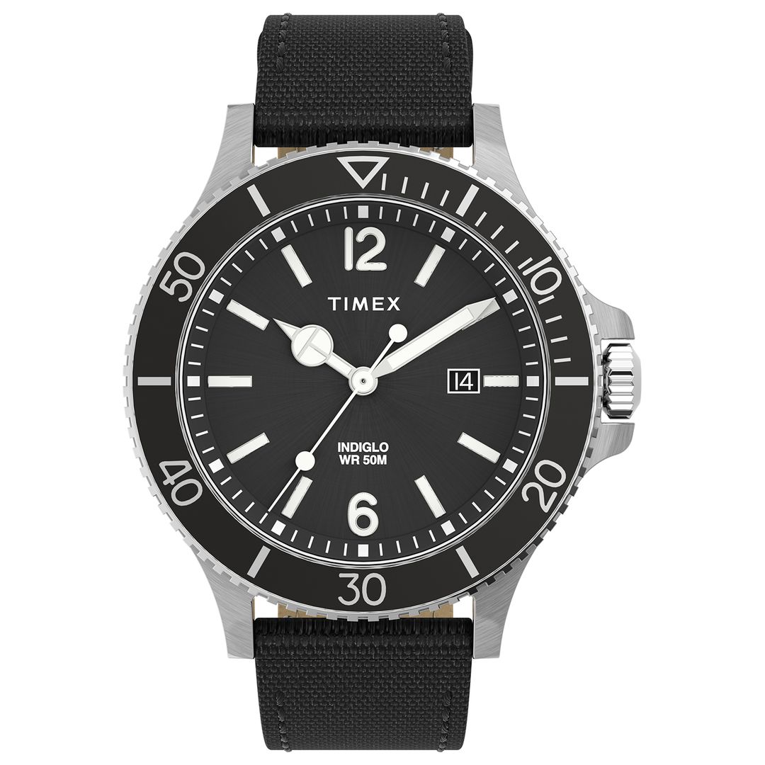 Zegarek męski Timex z czarną tarczą oraz jasnymi indeksami i wskazówkami z podświetleniem Indiglo