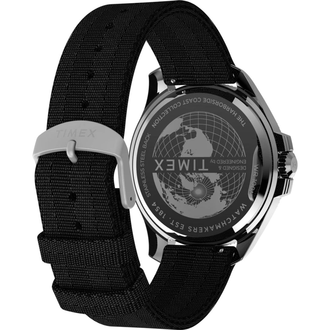 Zegarek Timex z okrągłą kopertą na czarnym, materiałowym pasku z zapięciem na sprzączkę