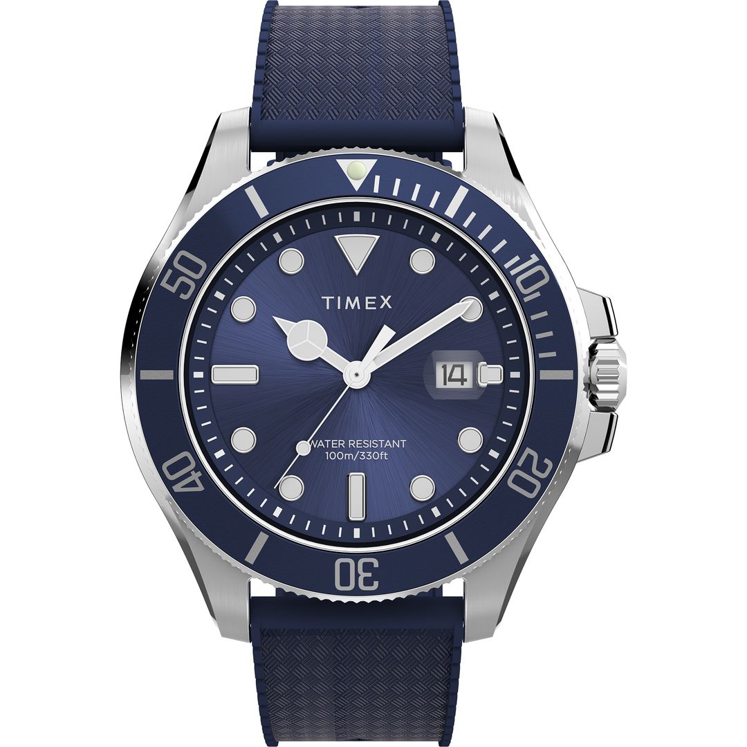 Zegarek Timex z granatową tarczą ze szlifem słoneczny, datownikiem w okrągłej kopercie ze stali