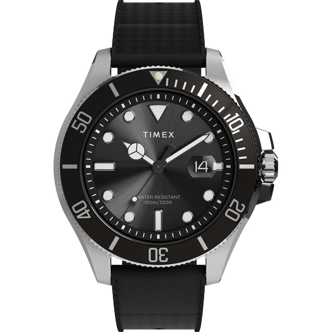 Zegarek Timex z czarną tarczą ze szlifem słoneczym, datownikiem oraz wskazówkami i indeksami z masą luminescencyjną