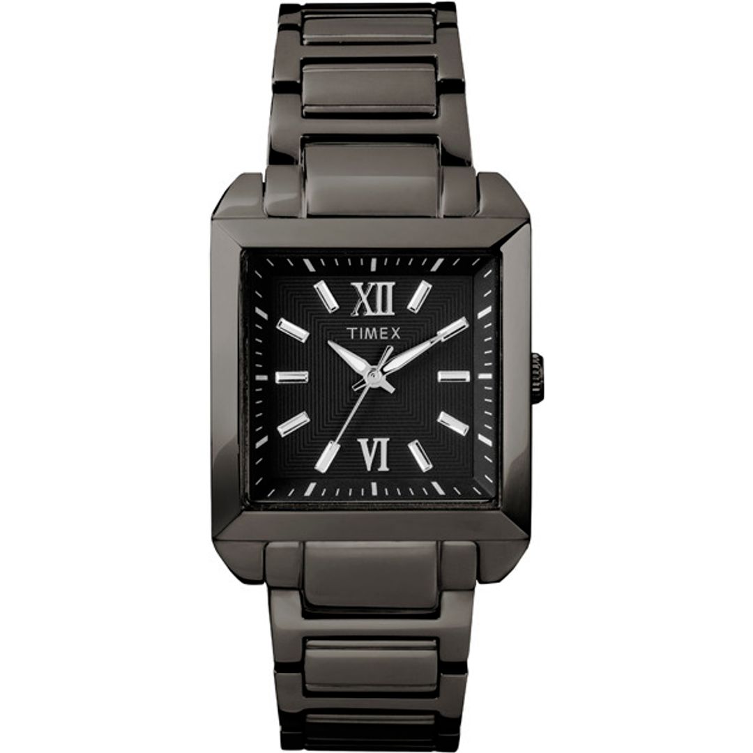 Zegarek Timex z czarną tarczą z indeksami z kryształków w stalowej, czarnej kopercie na czarnej bransoletce