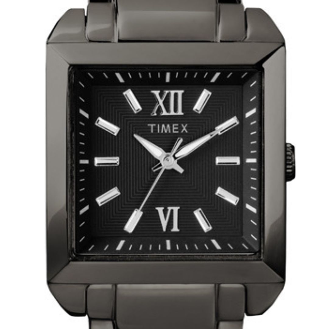 Zegarek Timex z czarną tarczą w czarnej, prostokątnej kopercie ze stali