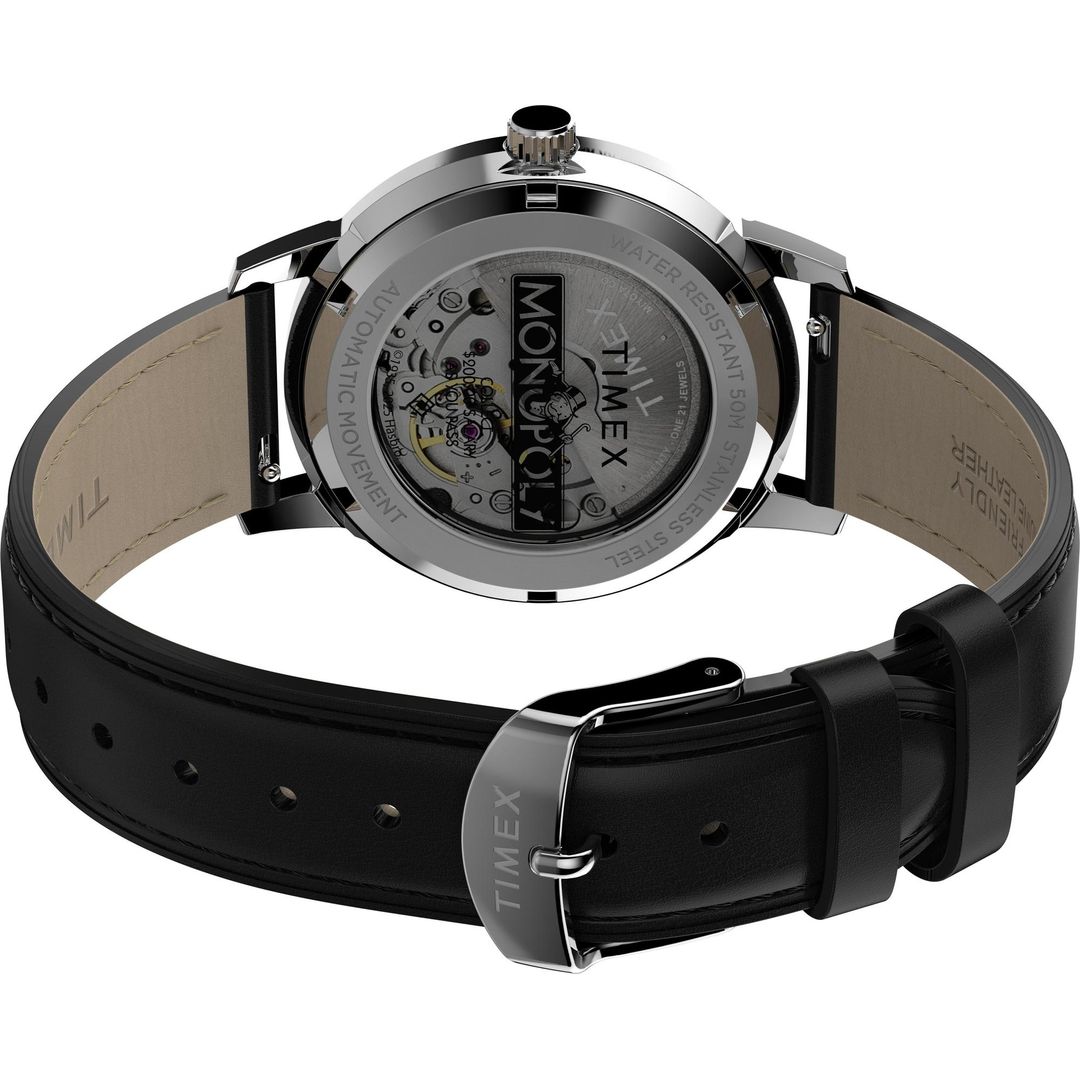 Zegarek Timex z przeszklonym deklem, okrągłą kopertą na skórzanym, brązowym pasku na sprzączkę
