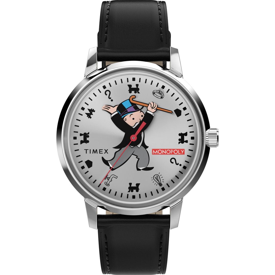 Zegarek Timex z imitacją gry Monopoly na tarczy, stalową, okrągłą kopertą na brązowym, skórzanym pasku