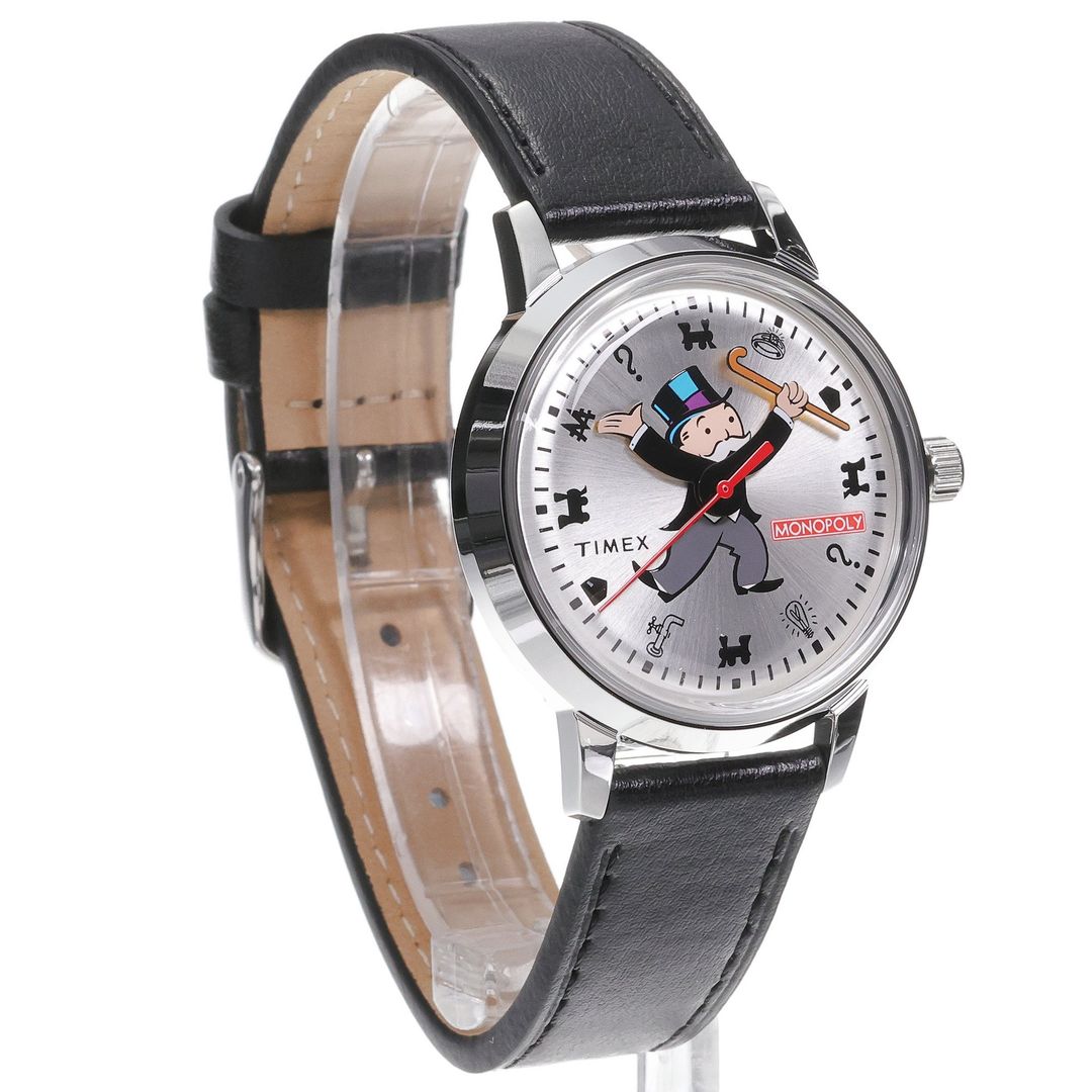 Zegarek Timex z Panem Monopoly na tarczy wskazujący rękoma godzinę, okrągłą kopertą i skórzanym paskiem