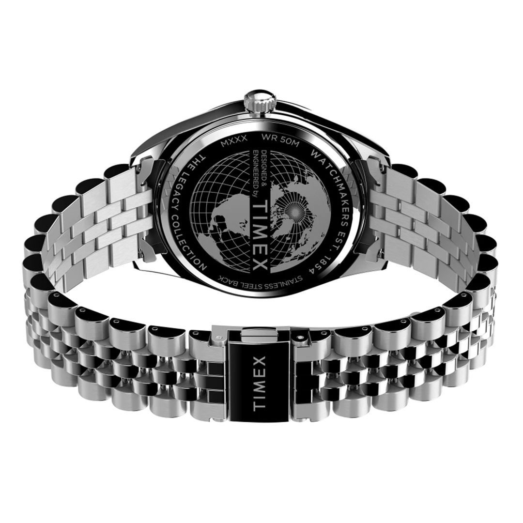 Zegarek męski Timex ze stalową kopertą na bransolecie z zapięciem na zatrzask z zabezpieczeniem