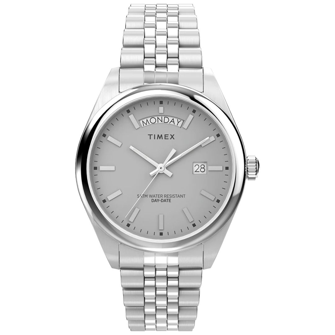Zegarek Timex z szarą tarczą z datownikiem wskazującym dzień tygodnia i miesiąca w stalowej kopercie