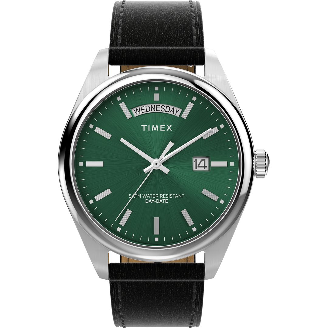 Zegarek męski Timex z zieloną tarczą ze szlifem słonecznym oraz srebrnymi indeksami i wskazówkami