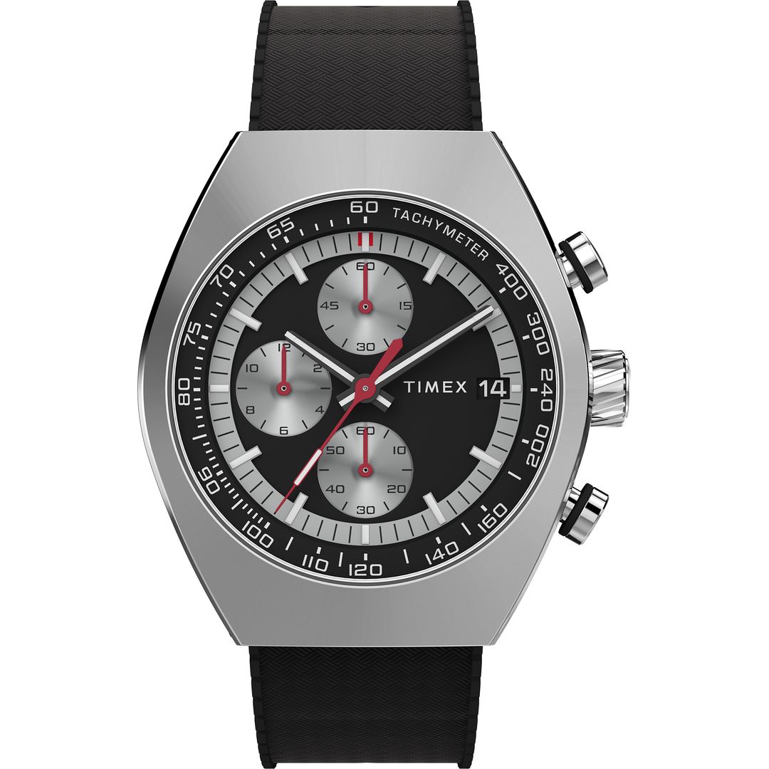 Zegarek damski Timex z beczułkowatą tarczą w srebrnym kolorze oraz czarną tarczą z subtarczami chronografu