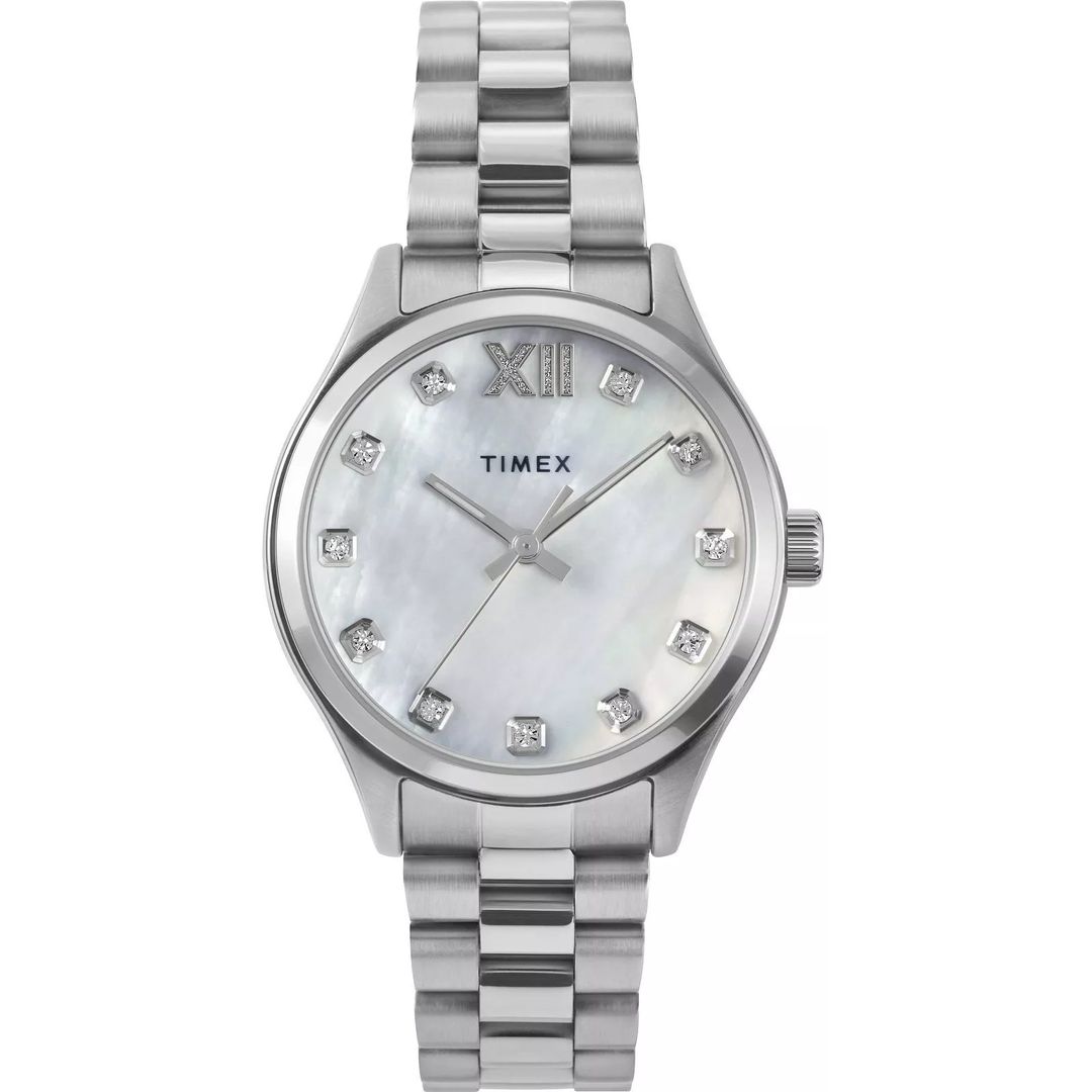 Zegarek damski Timex z okrągłą, stalową kopertą i bransoletką z zapięciem na zatrzask z zabezpieczeniem