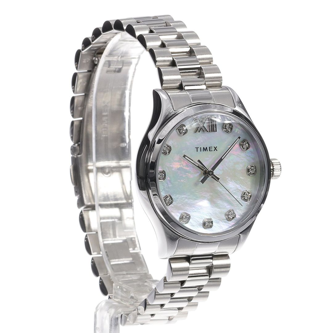 Zegarek damski Timex z okrągłą, stalową kopertą na stalowej bransoletce w srebrnym kolorze