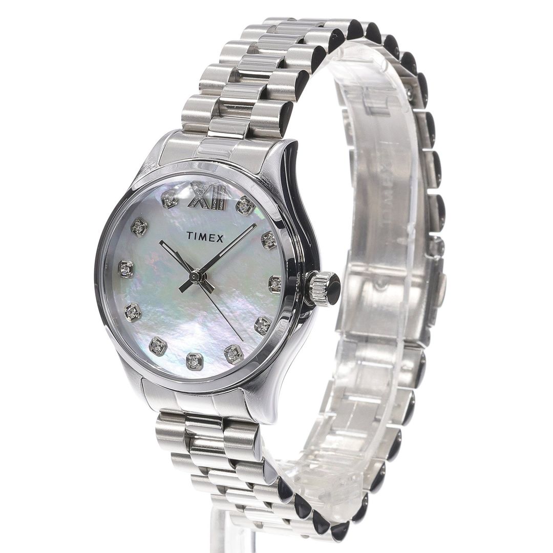 Zegarek damski Timex z perłową tarczą z kryształkami na indeksach oraz okrągłą, stalową kopertą