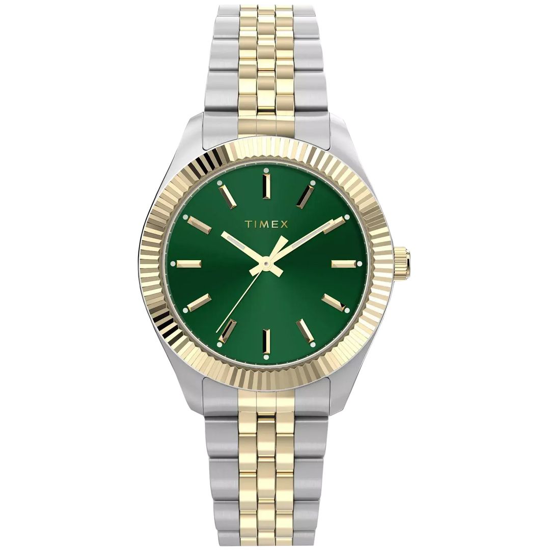 Zegarek męski Timex z kopertą i bransoletką ze stali w kolorach złota i srebra oraz zieloną tarczą
