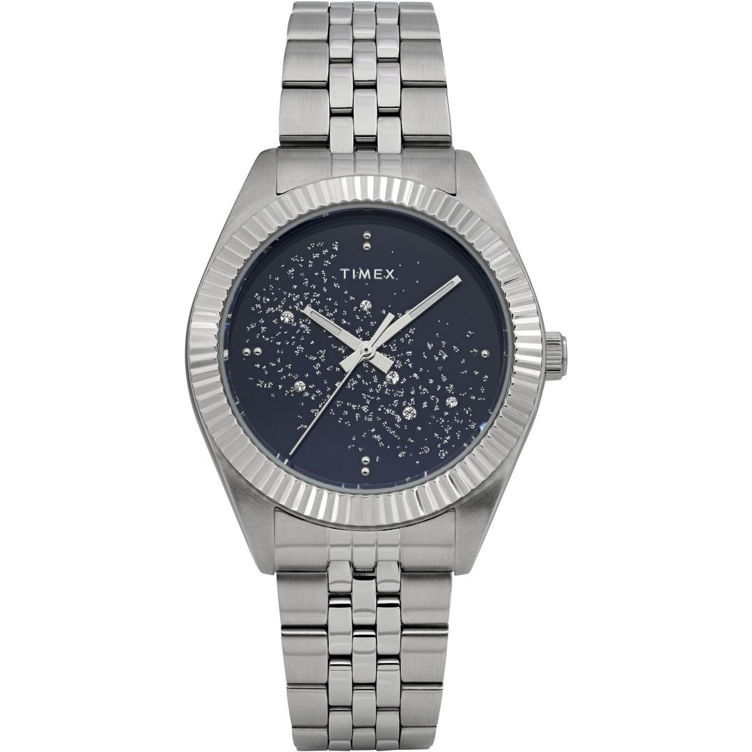Zegarek Timex z granatową tarczą z cyrkoniami w zaokrąglonej, stalowej kopercie na stalowej bransoletce