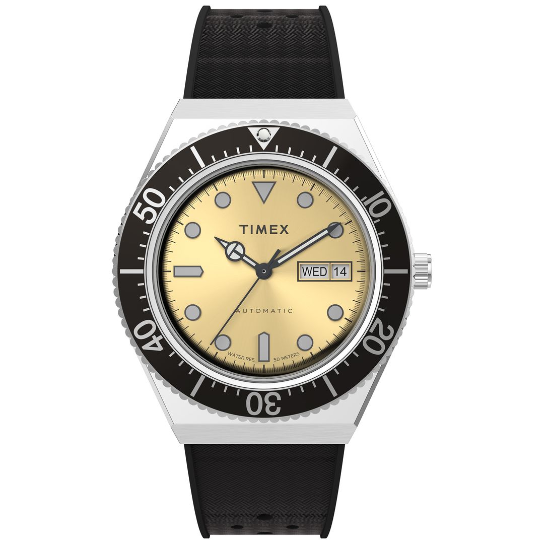 Zegarek męski Timex ze złotą kopertą z datwonikiem oraz jasnymi indeksami i wskazówkami w stalowej kopercie z czarnym bezelem