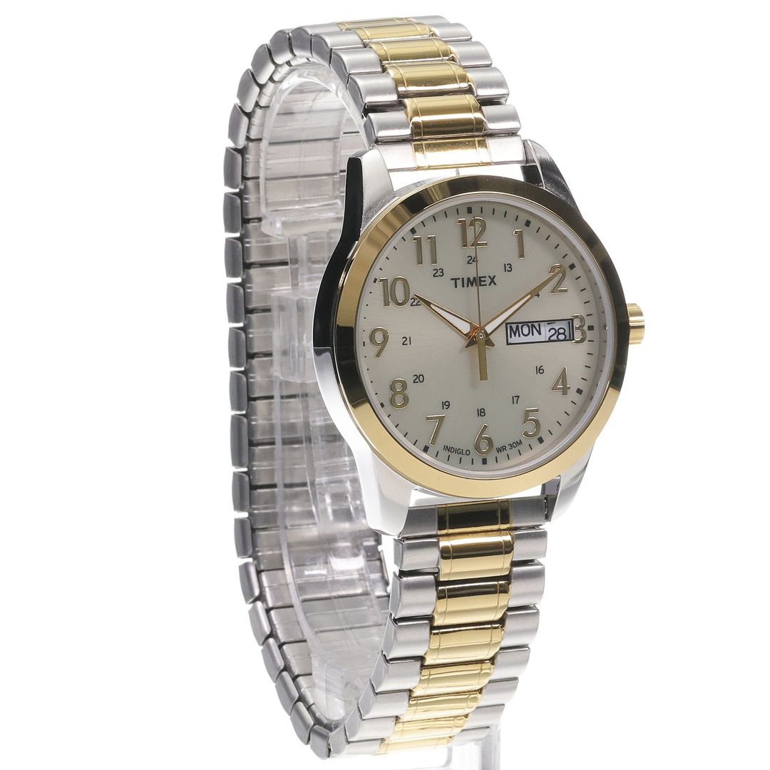 Zegarek Timex z zaokrągloną kopertą ze stali w odcieniu złota i srebra na dwukolorowej bransolecie