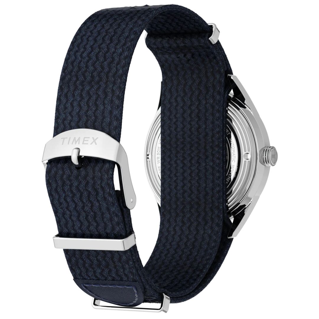 Zegarek Timex na ciemnym, granatowym pasku z materiału z zapięciem na sprzączkę