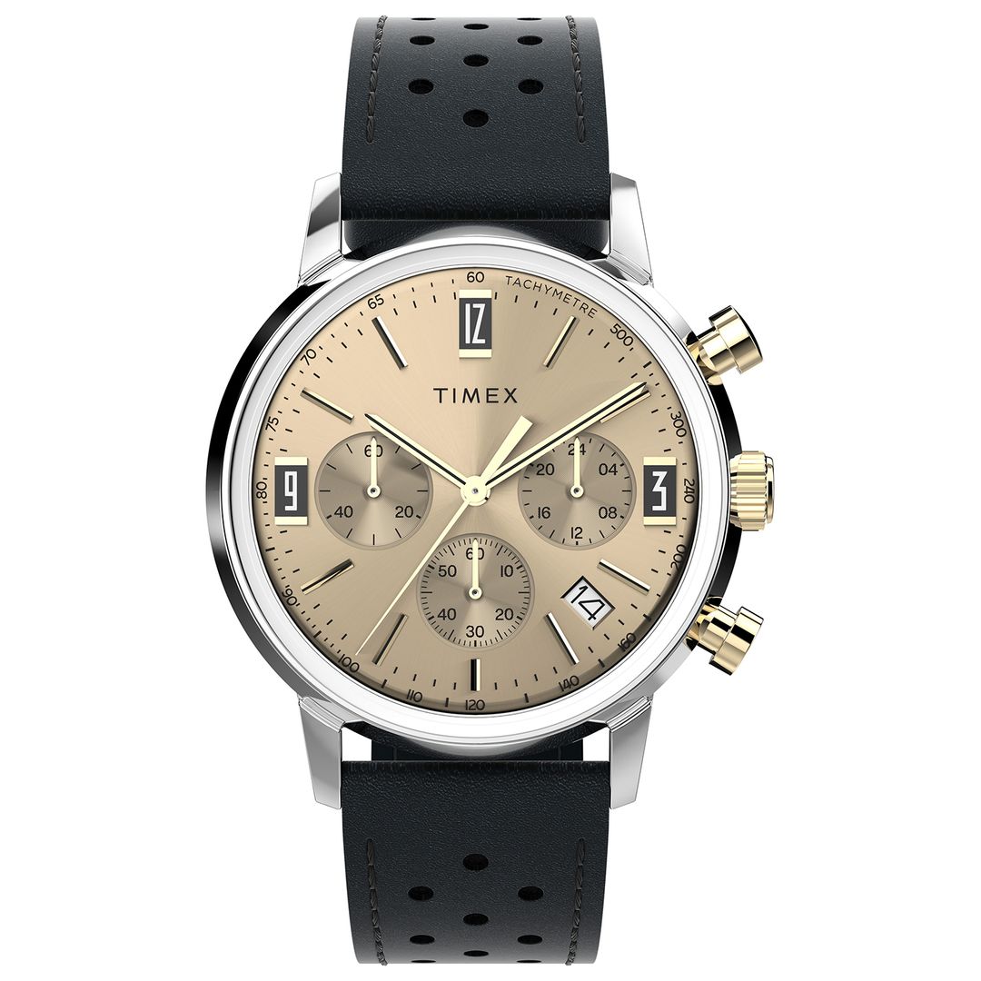 Zegarek Timex z tarczą w miedziano-złotym odcieniu z subtarczami chronografu oraz datownikiem