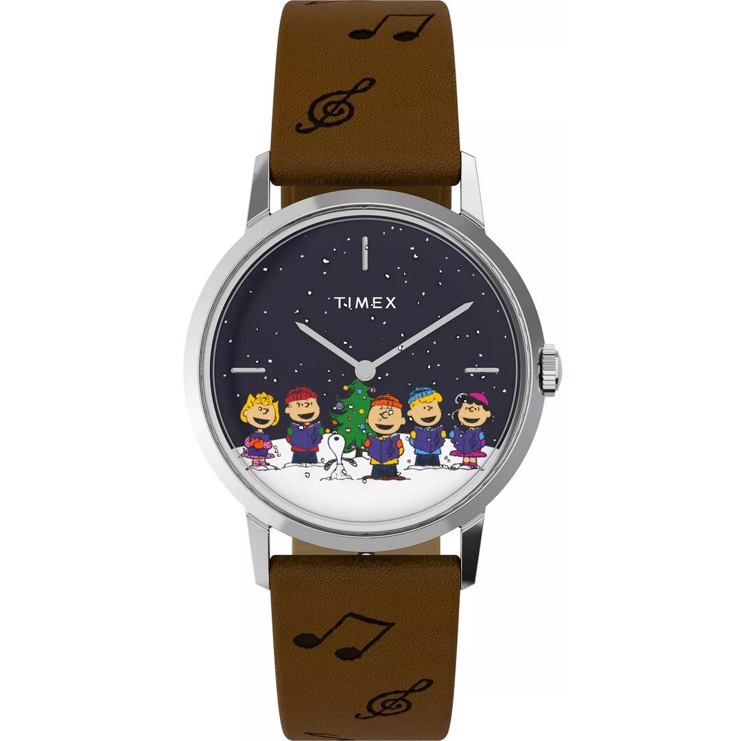 Zegarek Timex z motywem świątecznym w okrągłej kopercie na skórzanym pasku z nutami