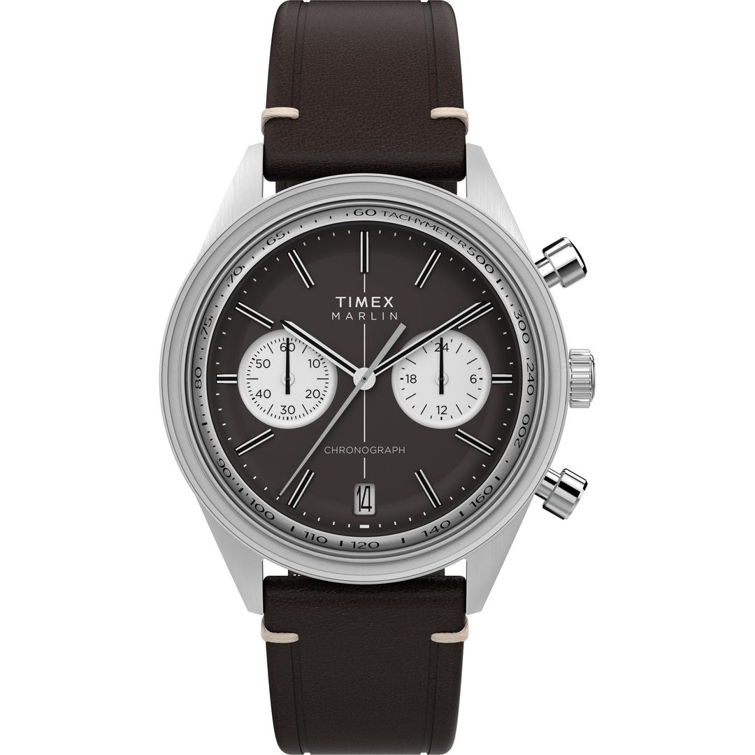 Zegarek Timex z czarną tarczą z subtarczami chronografu i datownikiem w okrągłej, srebrnej kopercie ze stali