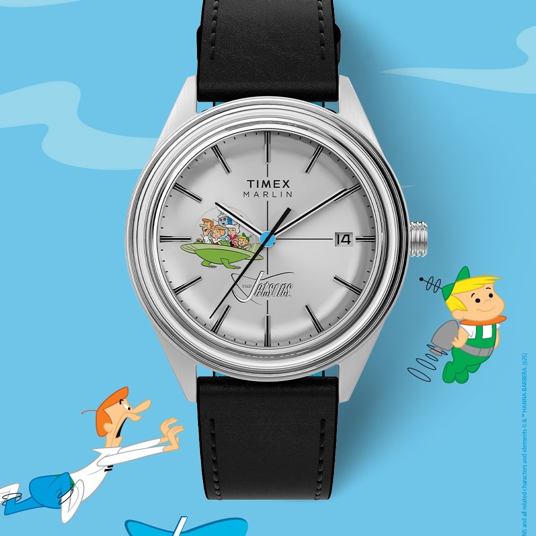 Zegarek z motywem The Jetsons na tarczy w srebrnej kopercie na czarnym pasku