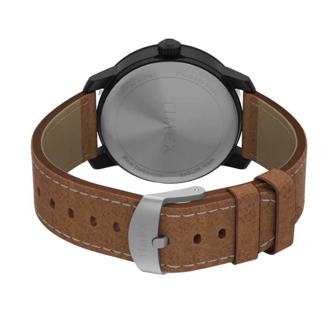 Zegarek Timex z okrągłą kopertą na brązowym, skórzanym pasku