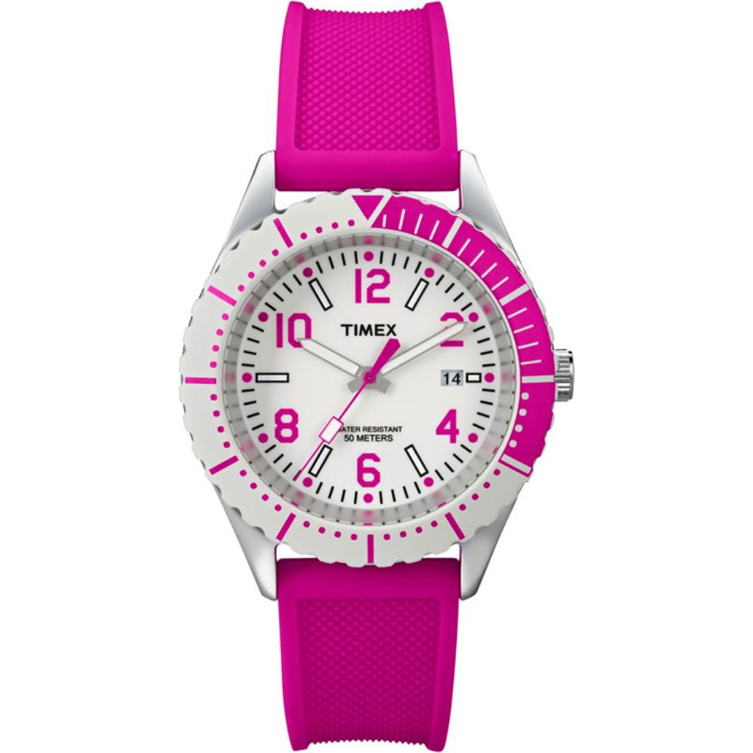 Zegarek damski Timex z białą tarczą z różowymi cyframi arabskimi oraz datownik