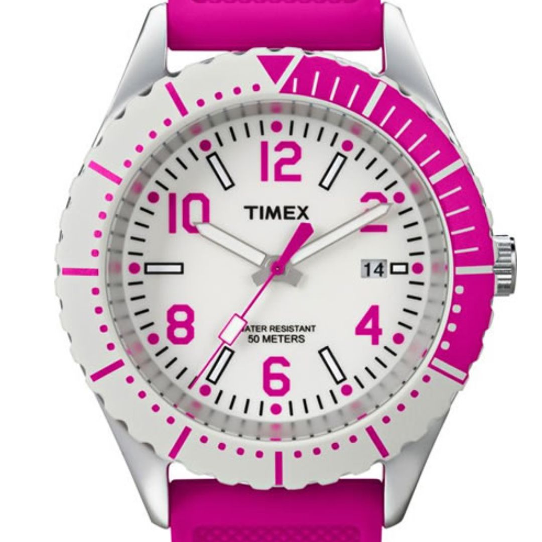 Zegarek Timex z masywną, okrągłą kopertą na różowym pasku z tworzywa sztucznego