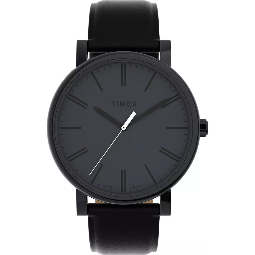 Zegarek Timex w czarnej kolorystyce z okrągłą kopertą na skórzanym pasku oraz z białym sekundnikiem