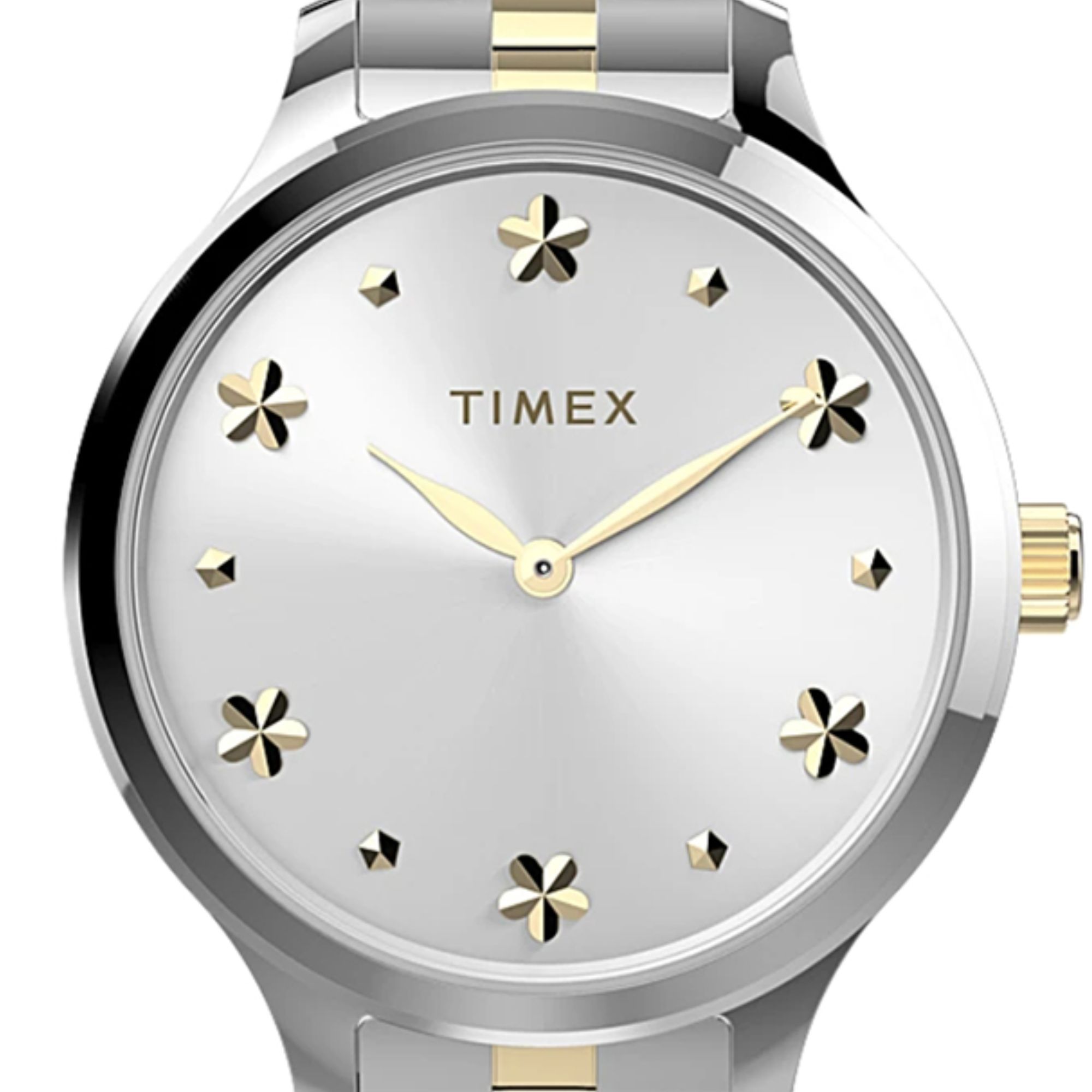 Zegarek marki Timex z indeksami kwiatowymi w złotym kolorze na srebrnej tarczy ze szlifem słonecznym