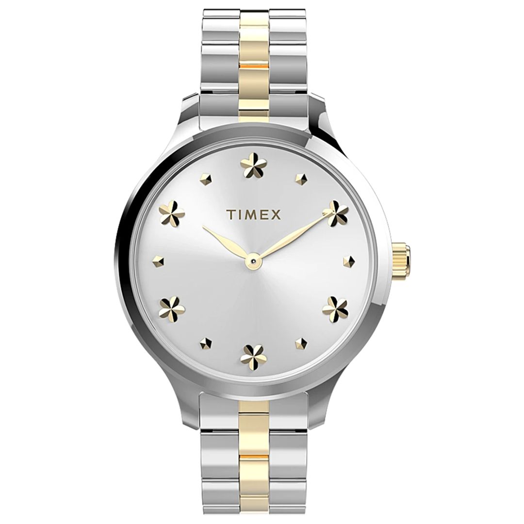 Zegarek damski Timex z okrągłą kopertą oraz wzorem złotych kwiatów na indeksach tarczy